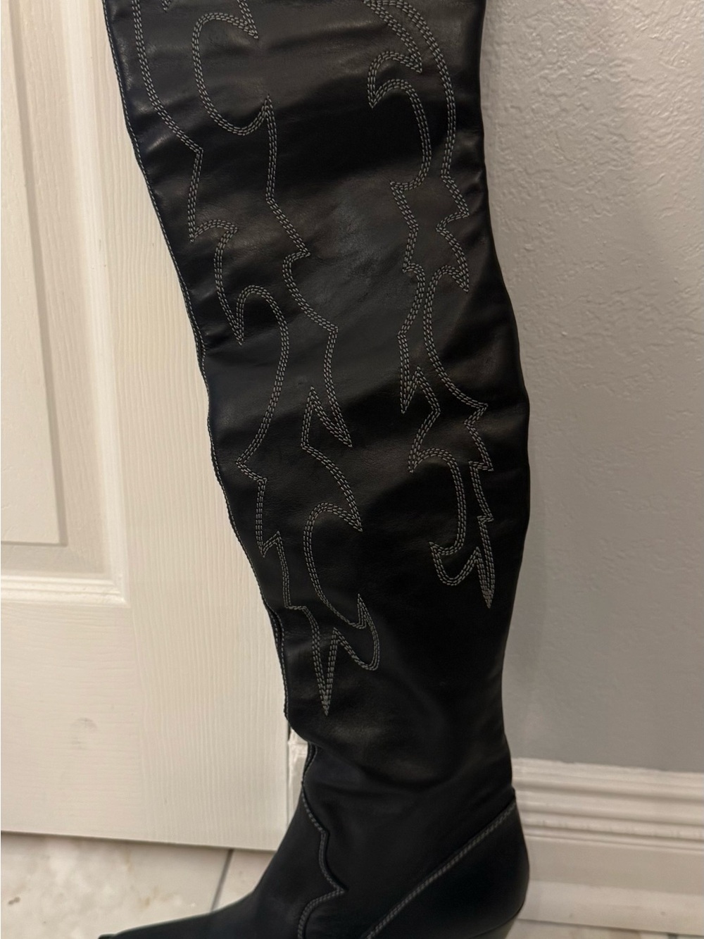 Women's Black Embroidered Thigh High Boots